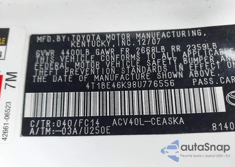 2008 Toyota Camry Se z USA, uszkodzony, nr VIN 4T1BE46K98U776556